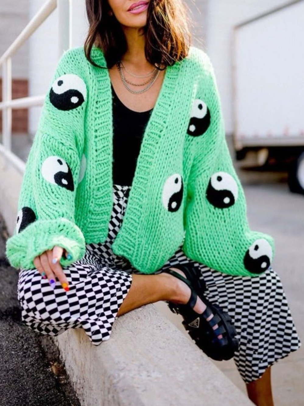 Dressed in La La Visionary Chunky Knit Cardigan L/ XL Green Yin Yang Maximalist